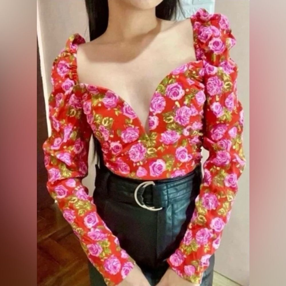 Zara Red and Pink Ruched Crop Blouse XS